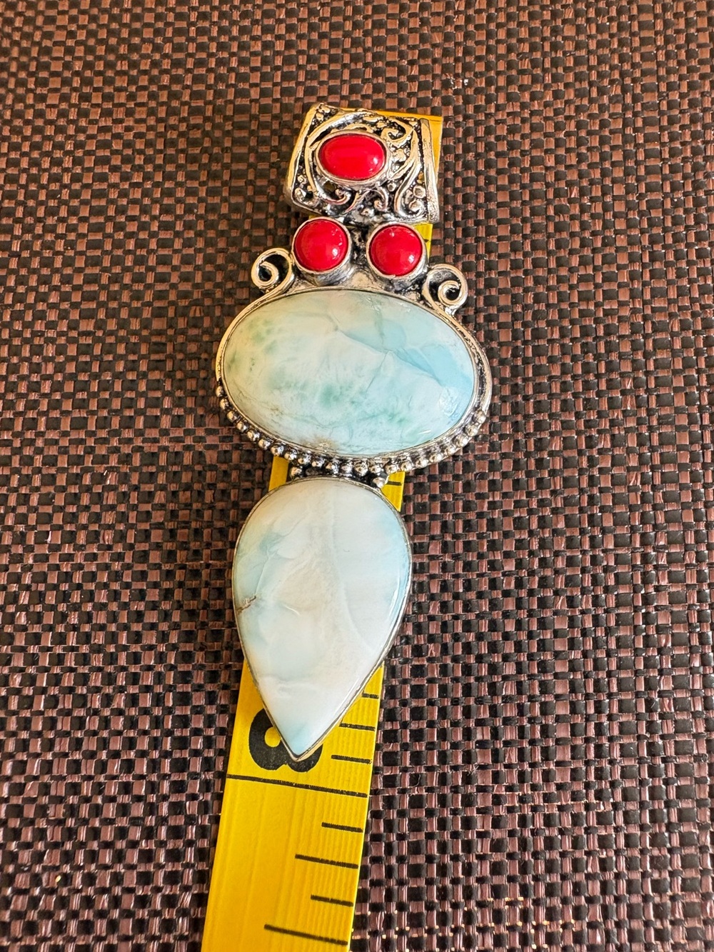 New! 925 Sterling Silver Overlay Larimar & Red Coral Multi Gemstone Pendant - Picture 8 of 15